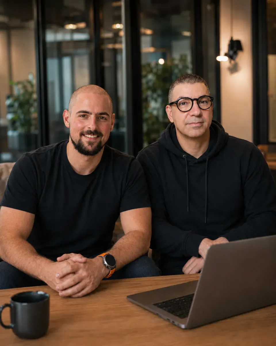 Roger Grekos (left) and Thanos Gkanas (right), the founders of BrainStormers, at a work table